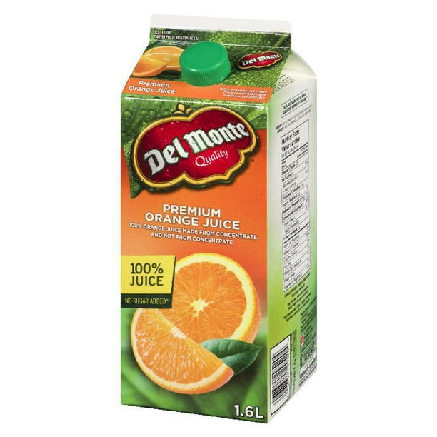 Jus d'orange premium Del Monte. Mélange de jus d'orange à 100% fait de concentré et non fait de concentré 1,6L