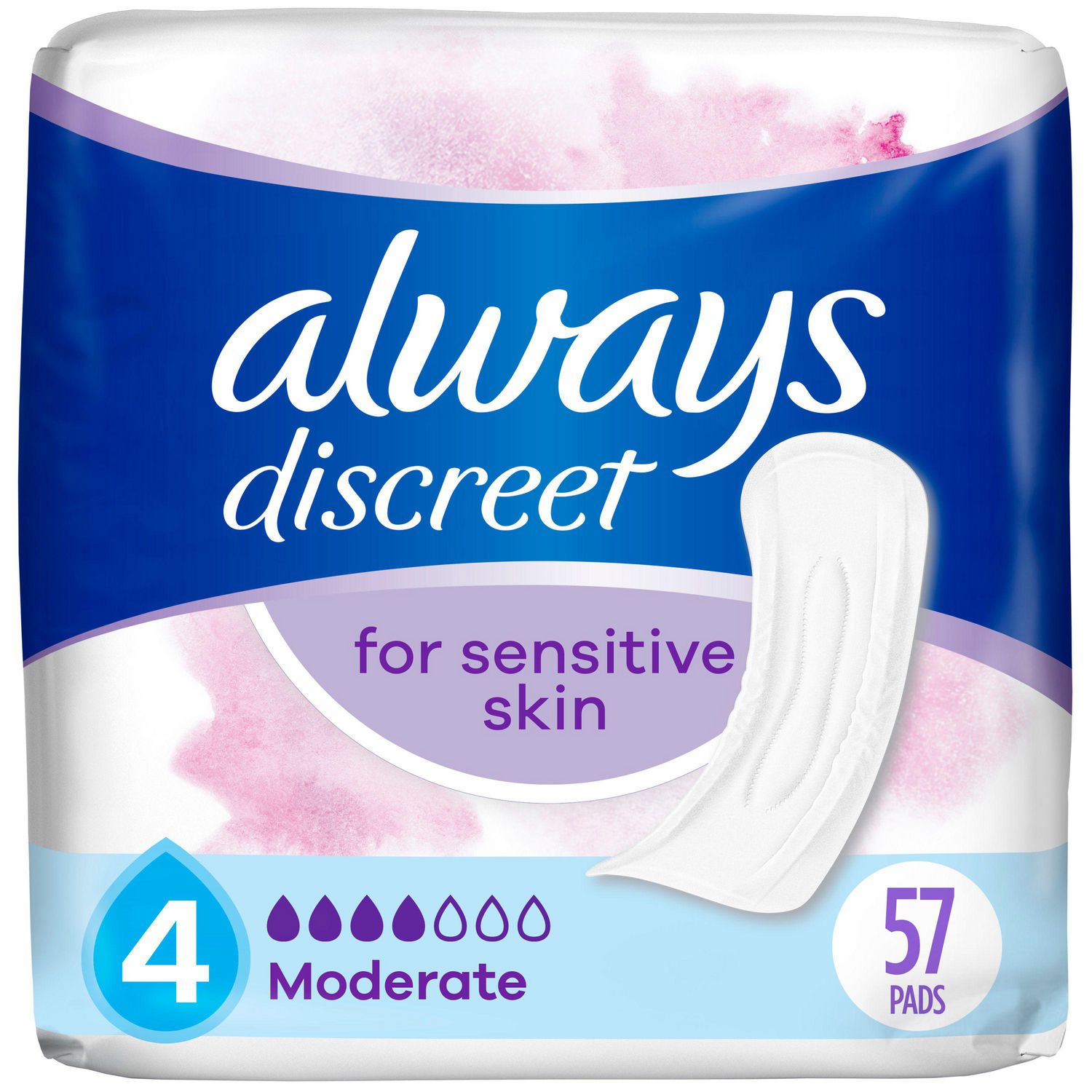 Serviettes d’incontinence Always Discreet pour femmes ayant des fuites urinaires, serviettes pour peau sensible, degré d’absorption modéré, régulières, 57serviettes