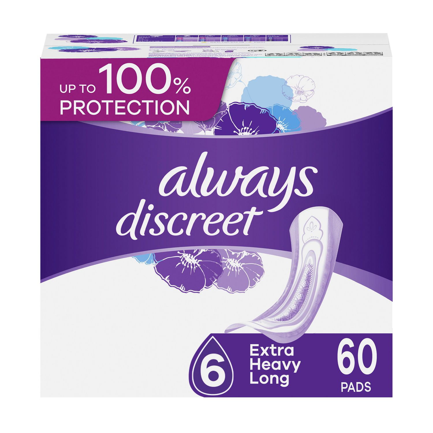 Always Discreet, Incontinence & Postpartum Pads For Women, Size 6 Drops,  Extra Heavy Long Absorbency, 60 Count
