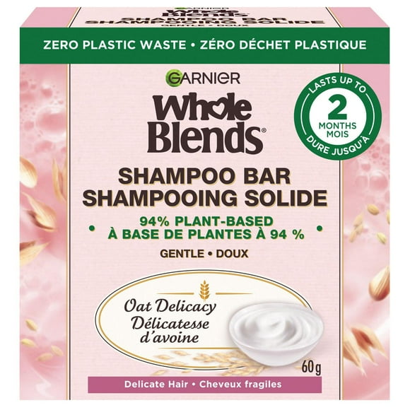 Garnier Whole Blends Oat Delicacy Softening Shampoo Bar for Delicate Hair, Zero Plastic Packaging, Preservative Free, Silicone Free, Soap & Dye Free, with Rice Cream and Oat Milk, 60G, Delicate & Nourishing Shampoo Bar