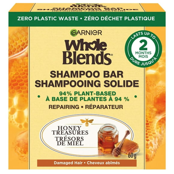 Garnier Whole Blends Honey Treasures Repairing  Shampoo Bar for Damaged Hair, Zero Plastic Packaging, Preservative Free, Silicone Free, Soap & Dye Free, with Honey and Beeswax, 60G, Repairing & Nourishing Shampoo Bar