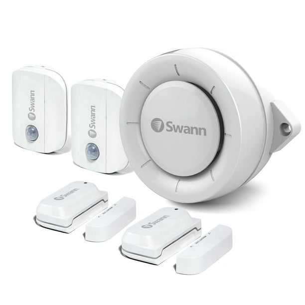Kit d'alerte Swann Smart Home de sécurité 5 pièces avec 2 détecteurs de porte de fenêtre, 2 détecteurs de mouvement et sirène intérieure - Blanc