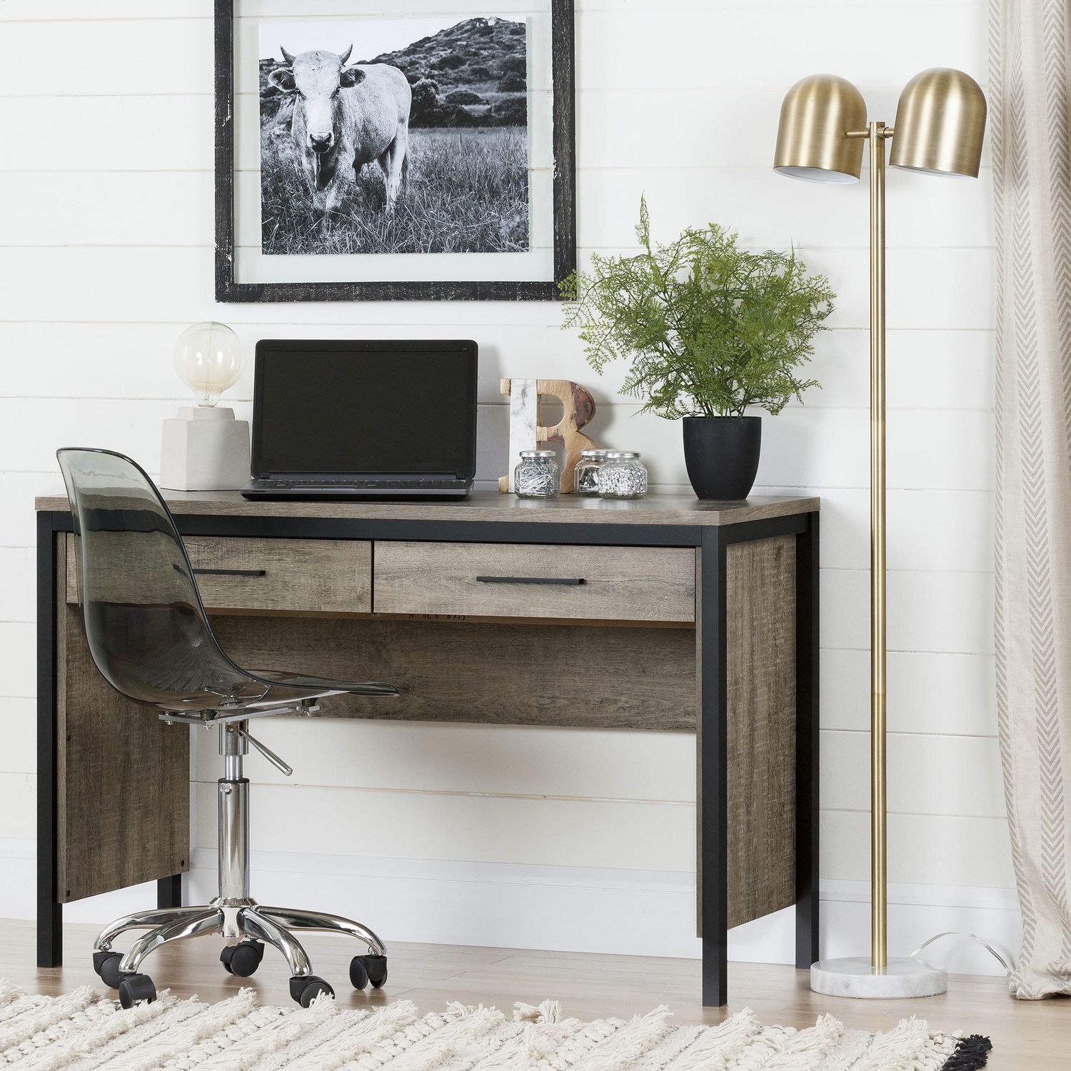 South Shore Munich Desk with Drawers, Weathered Oak And Matte Black ...