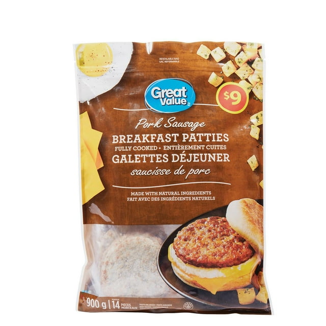 Great Value Pork Sausage Breakfast Patties, Made with Natural Ingredients, Fully Cooked. A minimum of 14 pieces in every bag. $9.00.