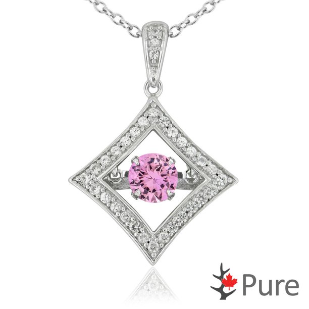 Collier dansant Pure à saphir rose synthétique d'1 carat PBT en forme de diamant entouré de corindons blancs monté dans de l’argent sterling 925 - 5,25 mm
