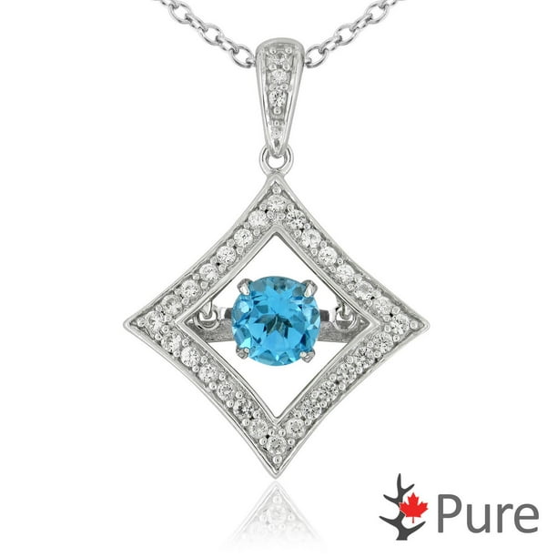 Collier dansant Pure à topaze bleue d'1 carat PBT en forme de diamant entourée de corindons blancs montée dans de l’argent sterling 925 - 5,25 mm