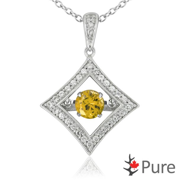 Collier dansant Pure à citrine de 3/4 carat PBT en forme de diamant entourée de corindons blancs montée dans de l’argent sterling 925 - 5 mm
