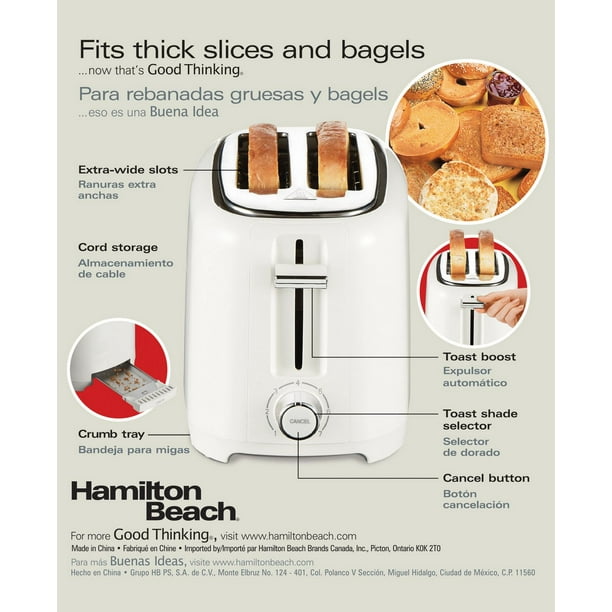 Hamilton Beach 2 Slice Toaster with Extra-Wide Slots, White - 22218