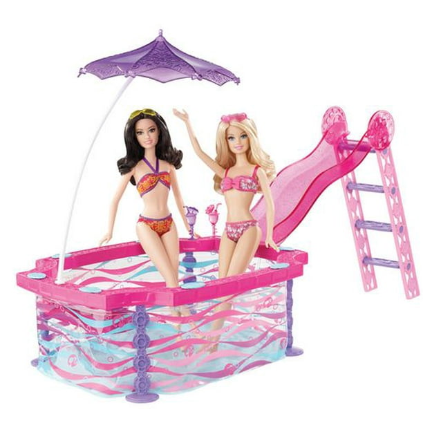 Barbie Doll and Pool Playset, Blonde in Tropical Pink One-Piece Swimsuit  with Pool, Slide, Towel and Drink Accessories