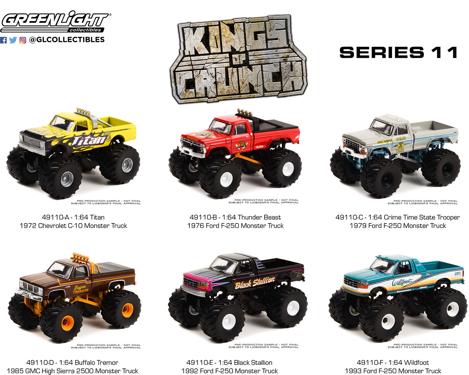 Crunch　GreenLight　11　Vehicles　Series　of　1:64　Trucks　Die-Cast　Kings　Monster