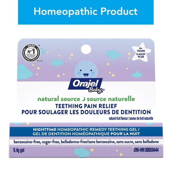 Gel homéopathique nocturne pour poussées dentaires Orajel Natural Source à la camomille – Soulage la douleur des gencives et favorise le confort et le soulagement; sécuritaire pour bébé, 9,5 Grammes