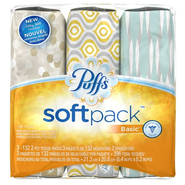 Puffs SoftPack Basic Facial Tissues; 3 Softpacks; 132 Tissues per pack ...
