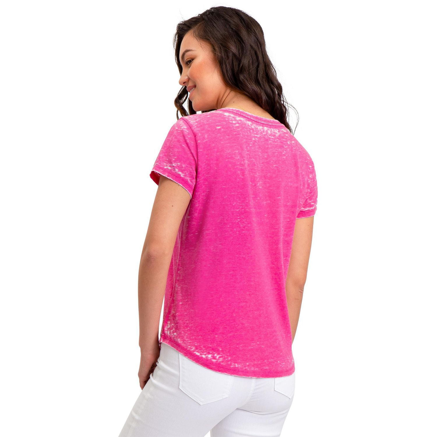 Jordache Women's Curved Hem V-Neck Logo Tee