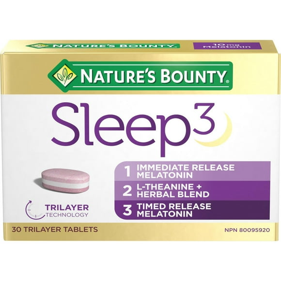 NATURE'S BOUNTY Sleep 3, Promotes Relaxation, Helps Reset Sleep-Wake Cycle, Fights Jet Lag, Helps To Fall Asleep Faster, Melatonin, L-Theanine & Herbal Blend, Tablets 30.0 count, 30 Trilayer Tablets