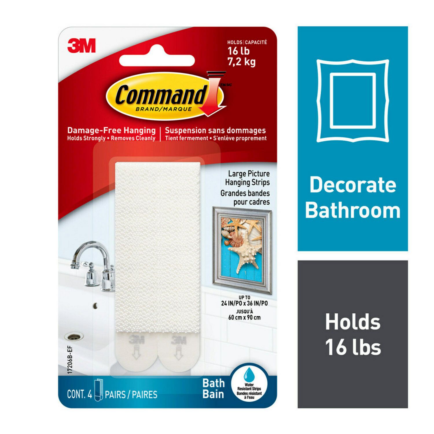 Command™ Bath Picture Hanging Strips 17206B-EF, Large, 4/Pack 