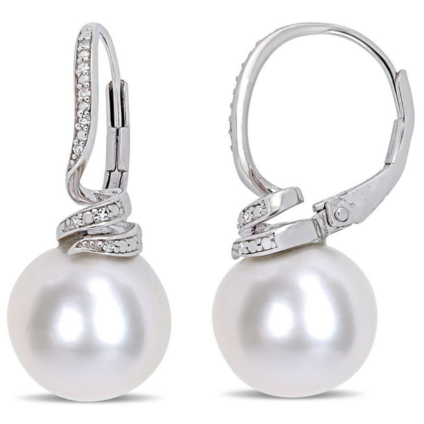Boucles d'oreille Miabella avec perles cultivées d'eau douce 11-12mm et accent de diamants en argent sterling