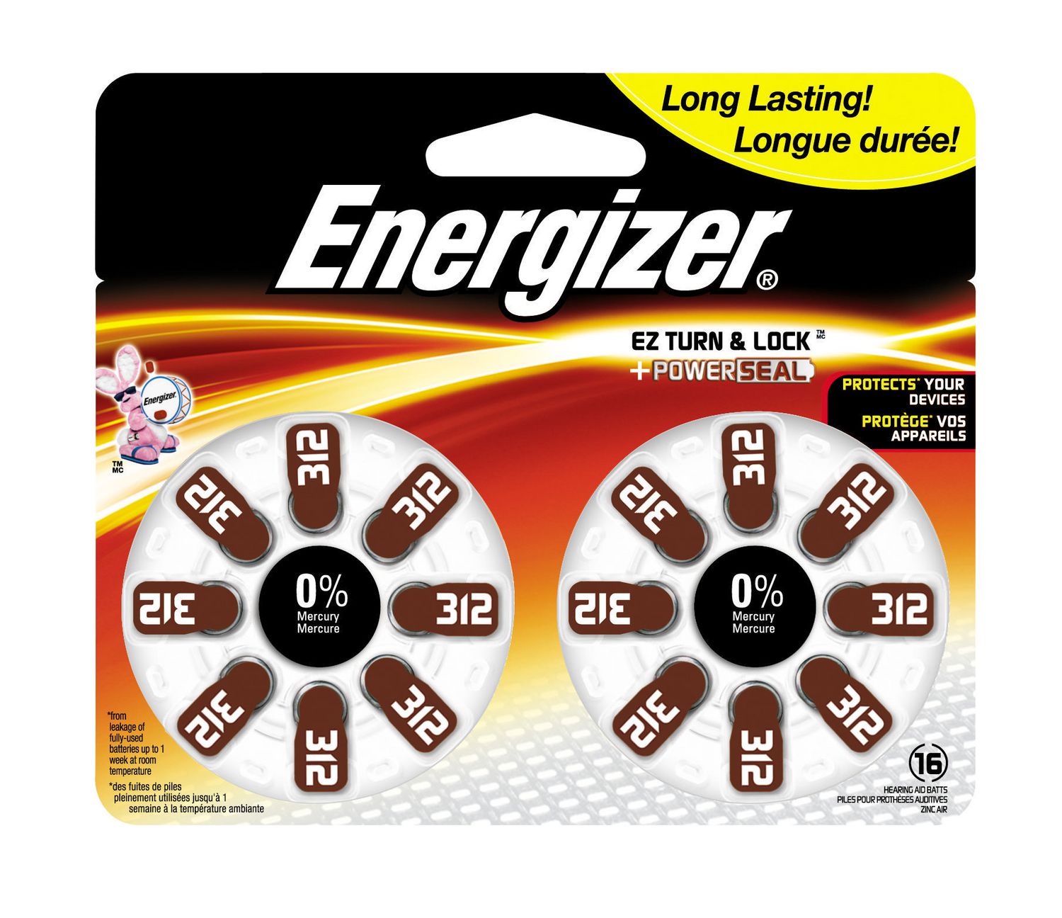 Energizer® EZ Turn & Lock Hearing Aid Battery Size 312, 16 Pack