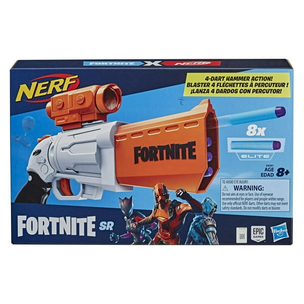 Nerf Fortnite - Blaster SR 4 fléchettes avec percuteur et viseur amovible,  inclut 8 fléchettes Nerf Elite officielles, pour jeunes, ados et adultes 