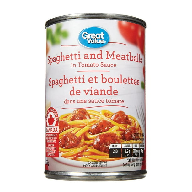 Great Value Spaghetti et boulettes de viandes dans une sauce tomate 425 g
