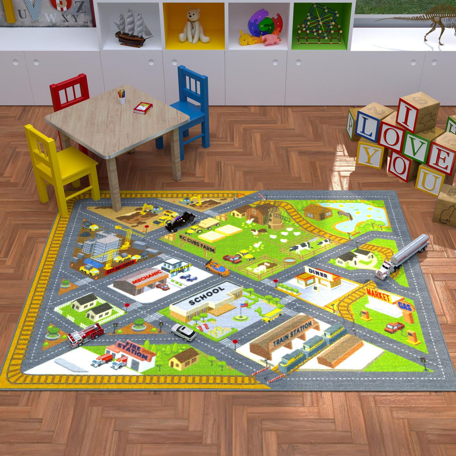 KC Cubs Playtime Collection Country Farm Road Map with Construction Site  Area Rug Educational Learning & Game Area Rug Carpet for Kids and Children 