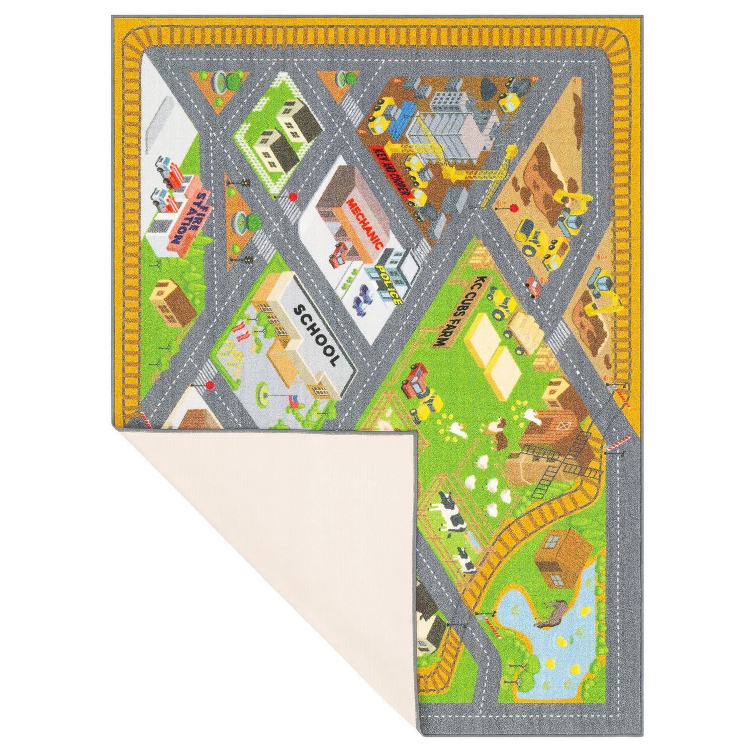 KC Cubs Playtime Collection Country Farm Road Map with Construction Site  Area Rug Educational Learning & Game Area Rug Carpet for Kids and Children 