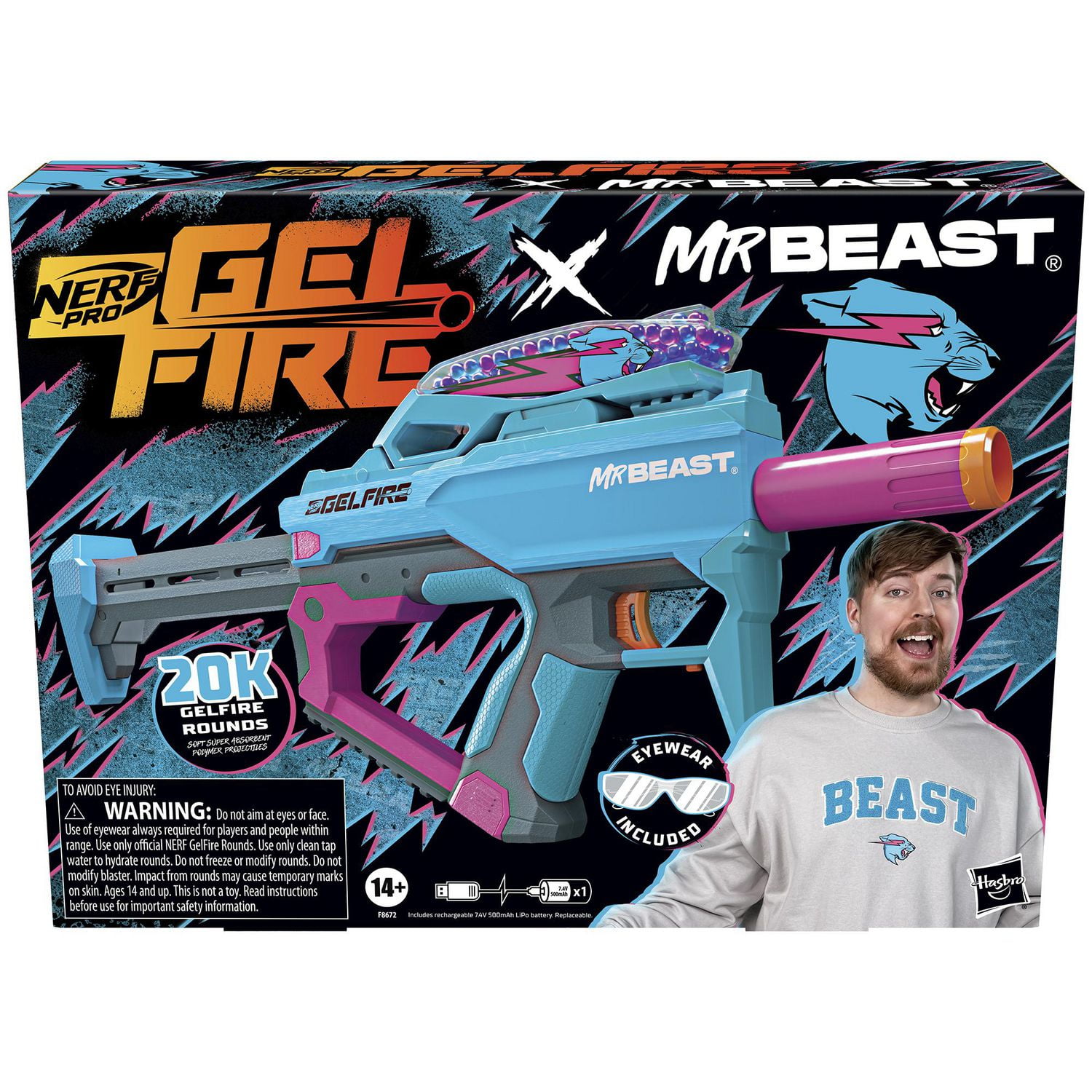 Nerf Pro Gelfire X MrBeast Full Auto Blaster & 20,000 Gelfire Rounds, 300  Round Hopper, Rechargeable Battery, Eyewear, Ages 14 & Up