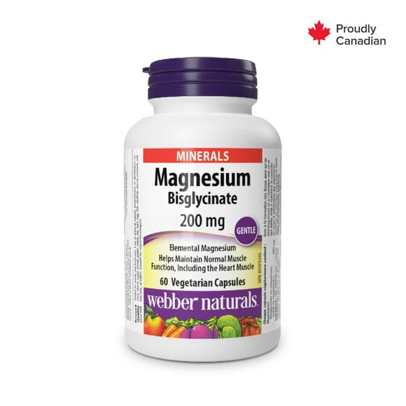 Webber Naturals®, Bisglycinate de magnésium, 200 mg Soutient le bon fonctionnement des muscles, 60 capsules végétariennes