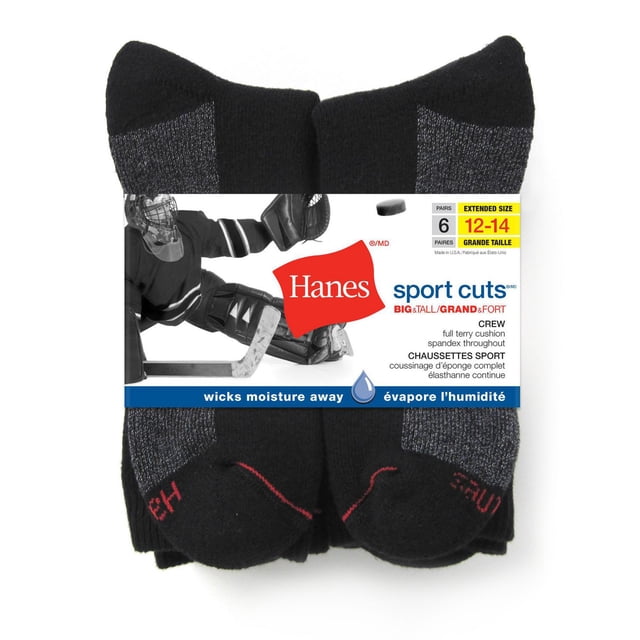 Hanes Men's Sports Cut 6-Pack Big & Tall Extended Size Crew Socks - Size 12-14