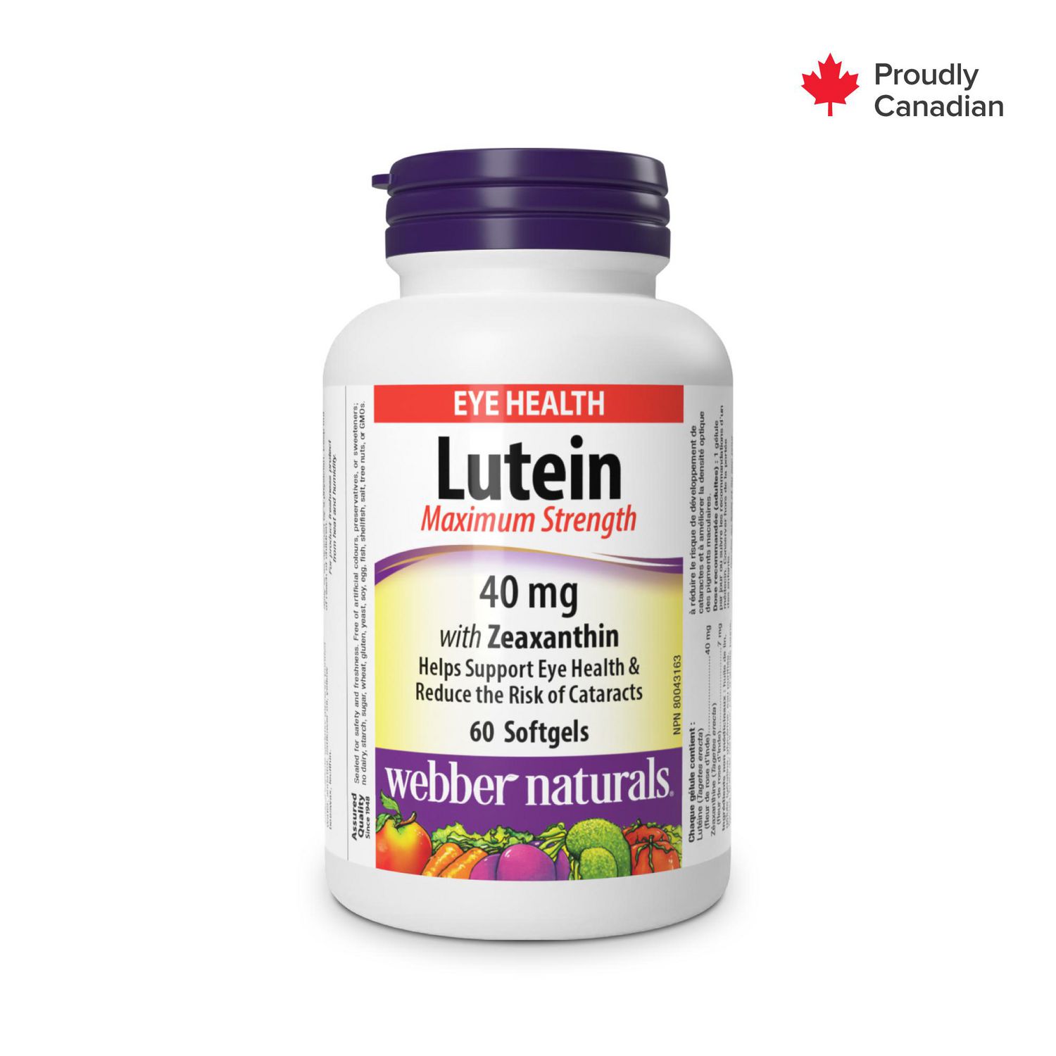 Webber Naturals Lutein 40 Mg eye health supplement bottle, front-facing white plastic bottle with label and child-resistant cap; maximum-strength softgels delivering 40 mg lutein and 7 mg zeaxanthin per one-per-day serving, purified from marigold, no GMOs or gluten, neutral studio background; often carried in daily vitamin organisers for travel.