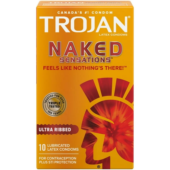 Trojan Naked Sensations Ultra Ribbed Lubricated Condoms, 10 Lubricated Latex Condoms