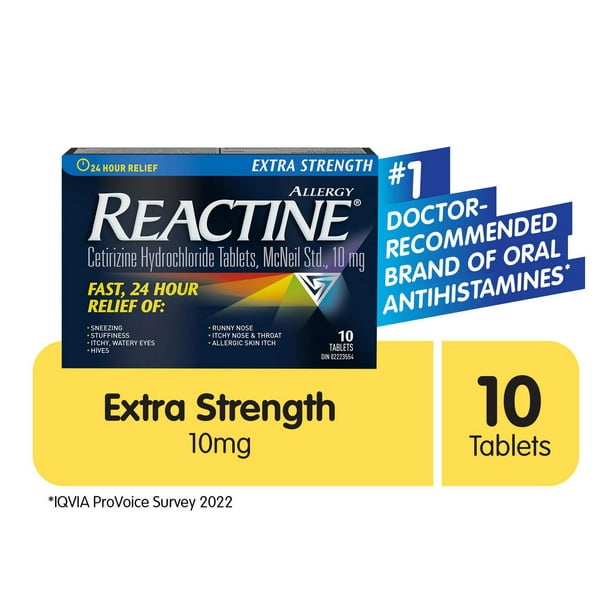 Reactine Extra fort, comprimés antiallergiques/antihistaminiques, chlorhydrate de cétirizine à 10 mg,  soulagement 24 h 10 comprimés
