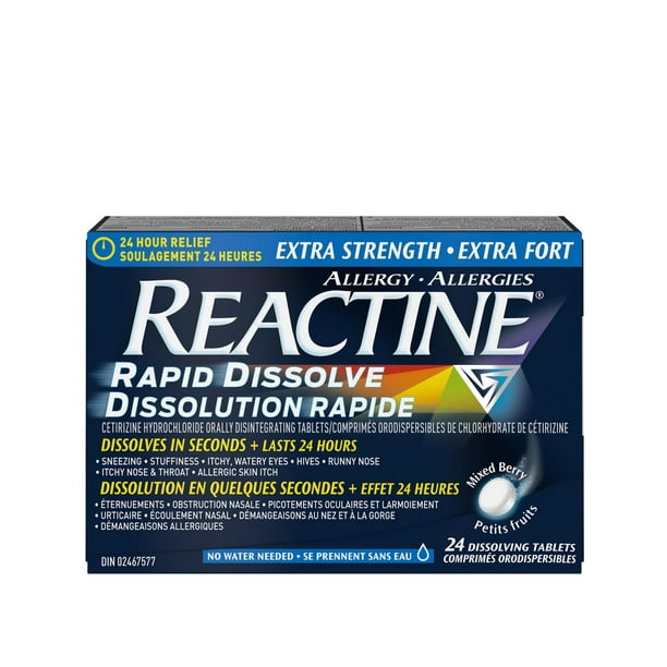Reactine Extra fort Dissolution rapide, comprimés antiallergiques pour picotements oculaires, urticaire, écoulement nasal, soulagement 24 h 24 comprimés