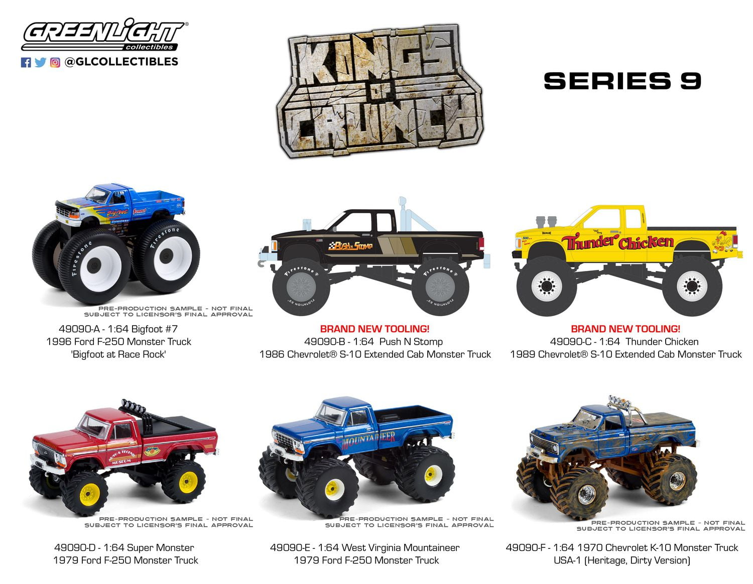 GreenLight 1 64 Kings of Crunch Monster Trucks Die Cast Vehicles Series 9