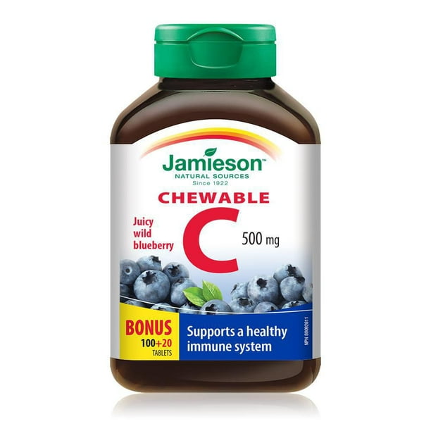 Jamieson Comprimés à croquer de vitamine C 500 mg à saveur des bleuets sauvages délicieux 100 + 20 comprimés à croquer