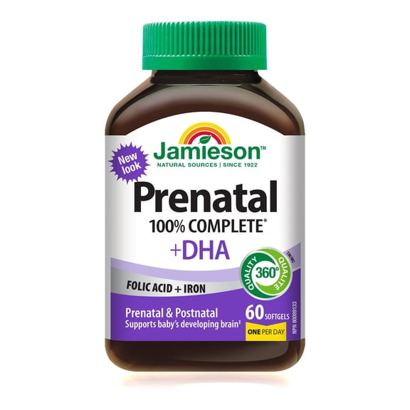 Jamieson 100% Complete Prenatal Multivitamin Softgels with DHA and Folic Acid, 60 Count