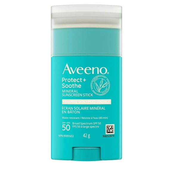 Aveeno Protect + Soothe Mineral Sunscreen Stick SPF 50+ - Sensitive Skin, Quick Drying and Water-Resistant, Sun Protection - Pure Oats & Zinc Oxide, Paraben Free, Broad Spectrum UVA/UVB, 42 g