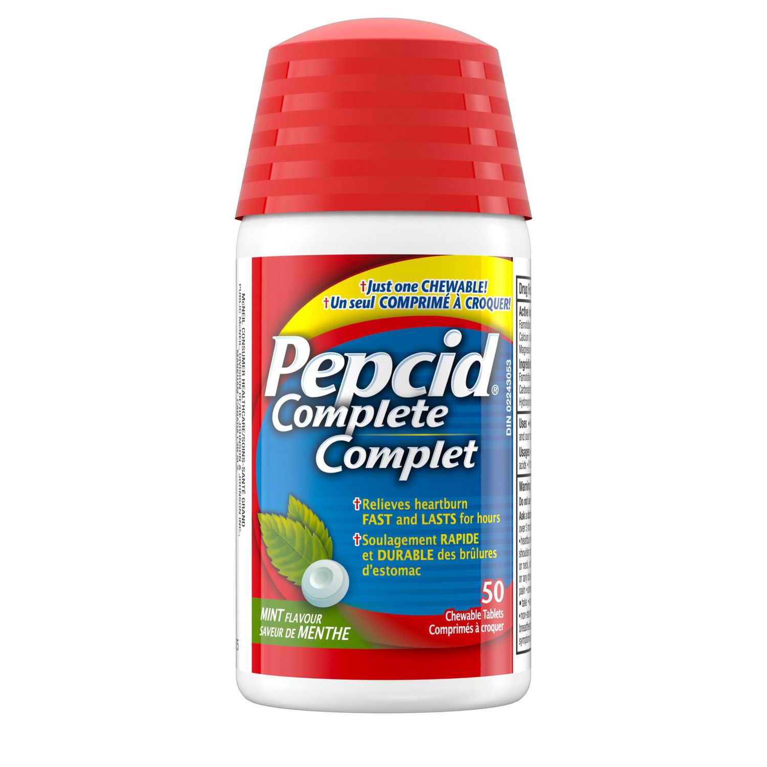 Pepcid Complete Acid Reducer + Antacid Chewable Tablets, 10mg Famotidine, 800mg Calcium Carbonate & 165mg Magnesium Hydroxide per Heartburn Medicine Tablet, Antacid Chews, Mint Flavored, 50 Count