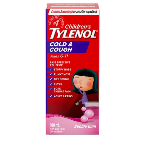 Tylenol pour enfants, Rhume et toux, suspension orale, éclats de gomme à bulles 100 ml