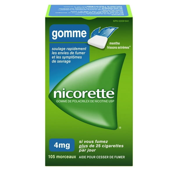 Nicorette Gomme à 4 mg de nicotine, saveur de menthe Frissons extrêmes, aide antitabagique et aide pour cesser de fumer 105 morceaux