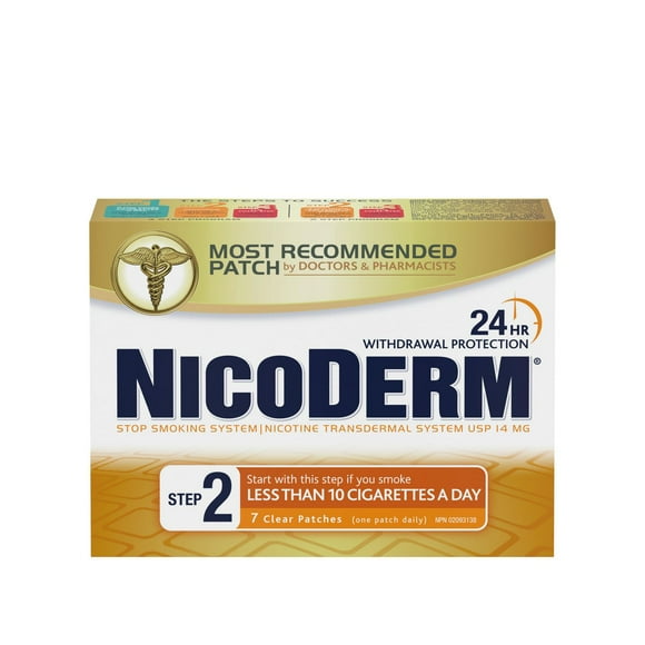 Timbres Nicoderm transparents Étape 2, 14 mg/jour, Timbre transdermique de nicotine, Aide pour cesser de fumer et Aide de renoncement au tabac 7 timbres