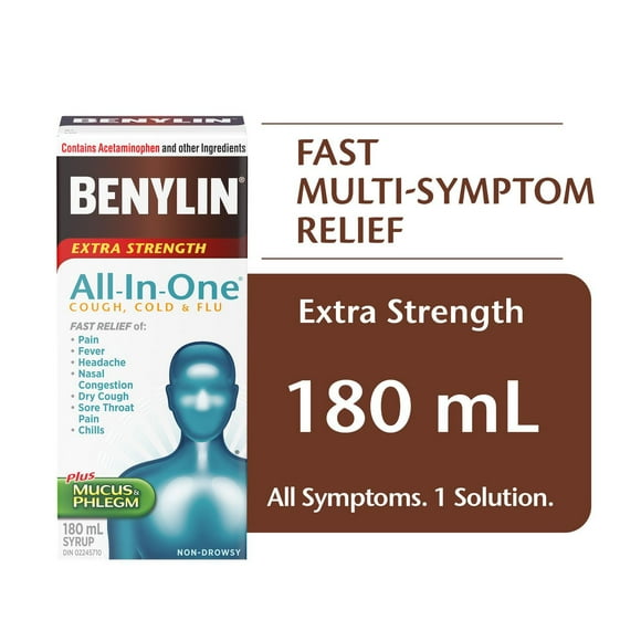 Benylin Extra-puissant, Tout-en-un® Rhume, toux et grippe, Jour, soulage la toux et les symptômes de grippe, sirop 180 ml