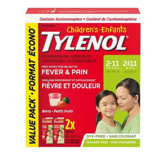 Tylenol<br> Enfants, suspension orale d’acétaminophène, Petits fruits apaisants, Sans colorant, Duo écono 2 x 100 ml