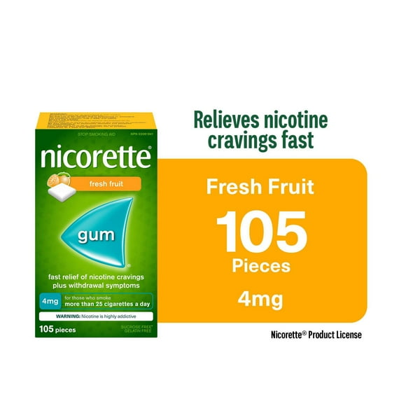 Nicorette Gum, Nicotine 4mg, Fresh Fruit Flavour, Quit Smoking Aid and Smoking Cessation Aid, 105 pieces