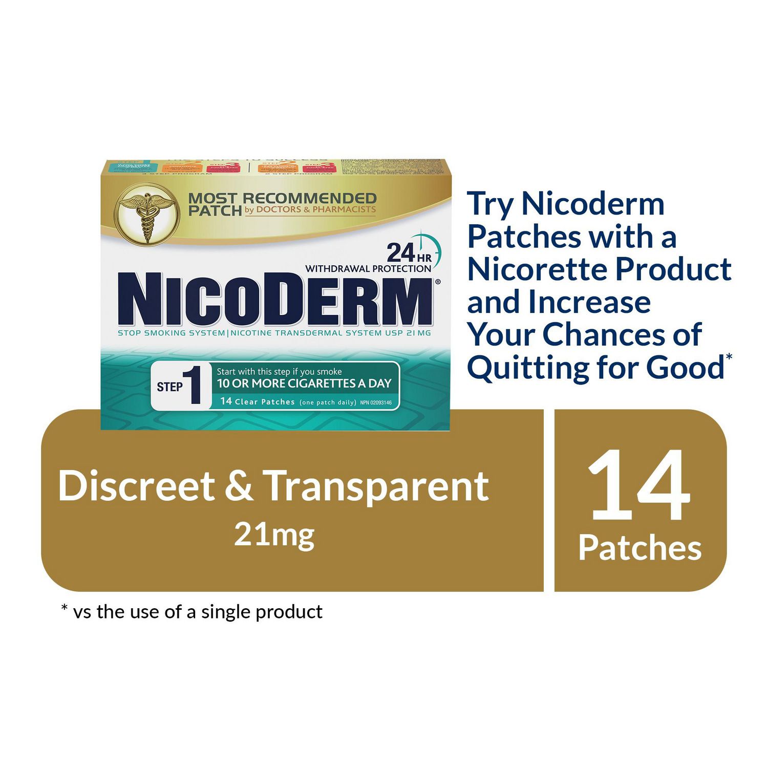 Timbres transparents NicoDerm à la nicotine étape 1 (21 mg) – Aide 24 heures pour arrêter de fumer, soutien qui dure toute la journée contre l’envie de fumer et les symptômes de sevrage, 14 unités