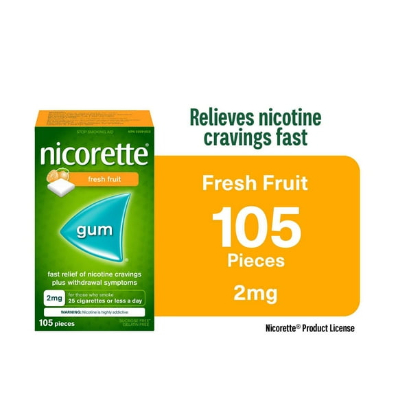 Nicorette Gum, Nicotine 2mg, Fresh Fruit Flavour, Quit Smoking Aid and Smoking Cessation Aid, 105 pieces
