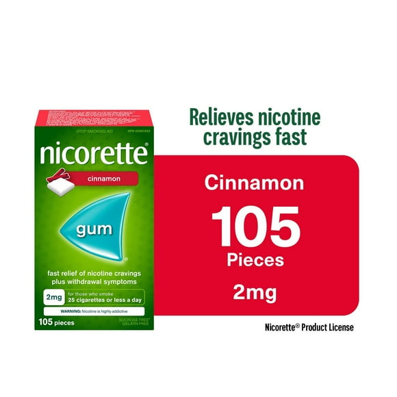 Nicorette Gum, Nicotine 2mg, Cinnamon Flavour, Quit Smoking Aid and Smoking Cessation Aid, 105 pieces