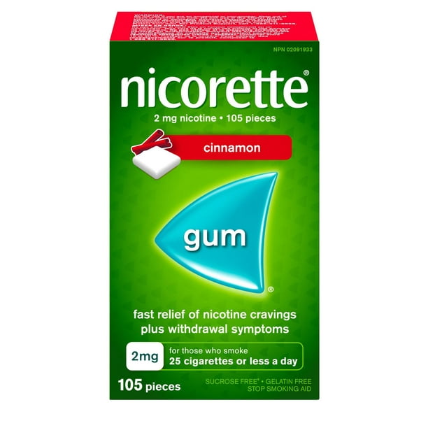Nicorette Gomme à 2 mg de nicotine, saveur de cannelle, aide antitabagique, aide pour cesser de fumer 105 morceaux