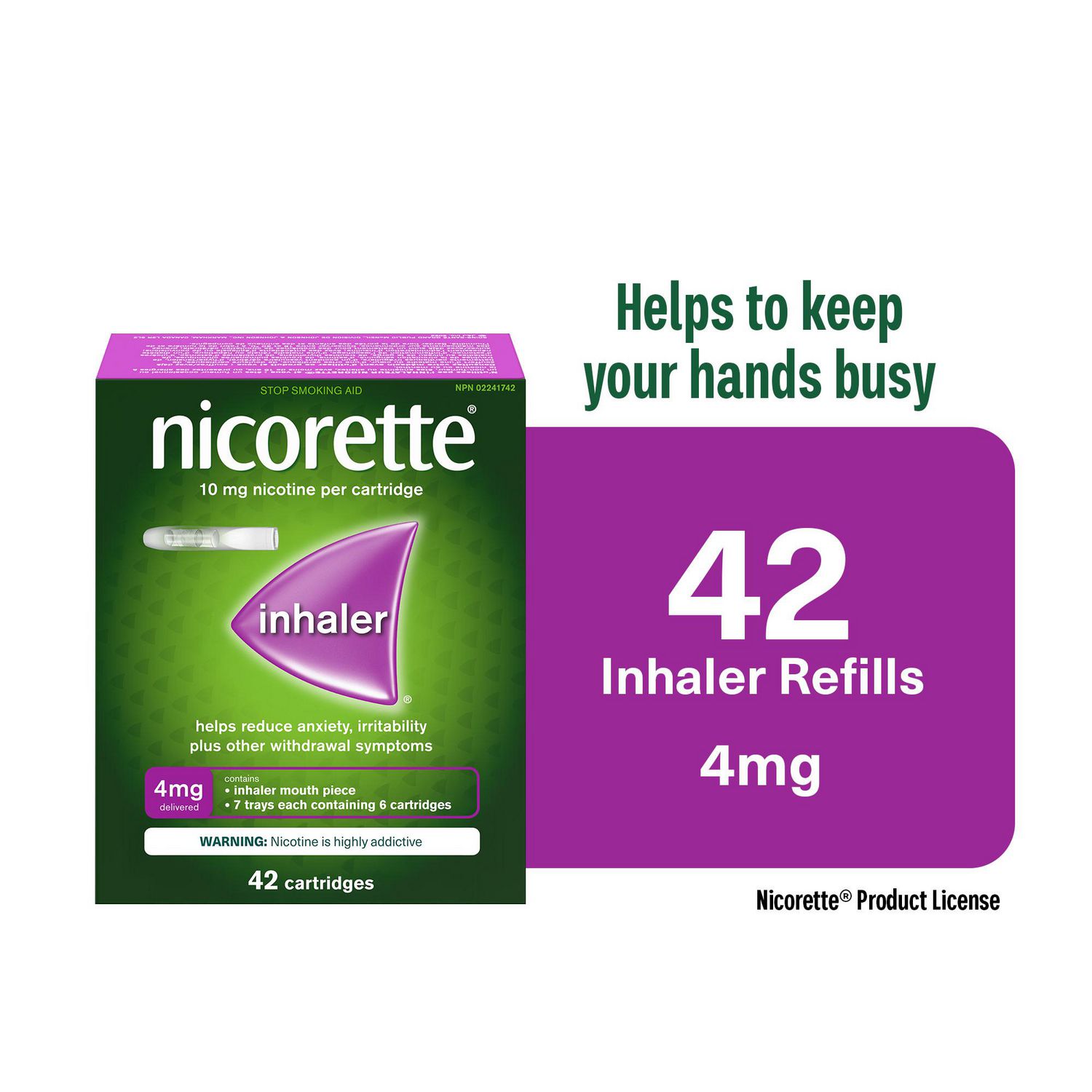Inhalateur Nicorette à la nicotine 4 mg – Aide pour arrêter de fumer avec geste main-bouche, aide pour réduire l’envie de fumer et les symptômes de sevrage, TRN pour les adultes, 42 cartouches