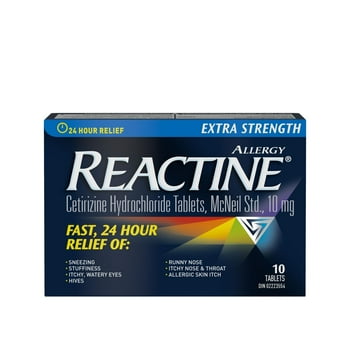 Reactine Extra Strength Antihistamine Tablets - 10mg Cetirizine Hydrochloride - 24 Hour Allergy Relief Medicine, 10 Count