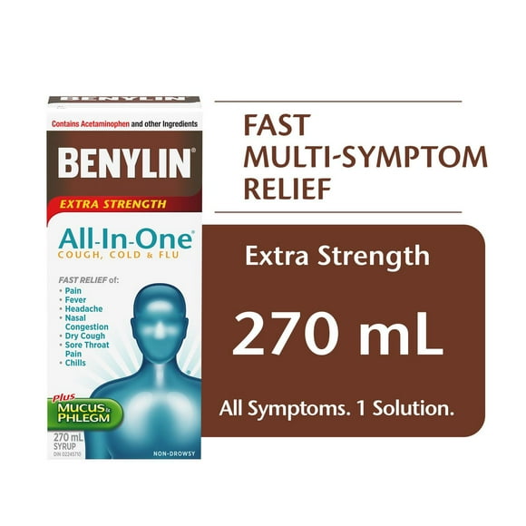Benylin Extra-puissant, Tout-en-un® Toux, rhume et grippe, Jour, soulage les symptômes de rhume, toux et grippe, sirop 270 ml